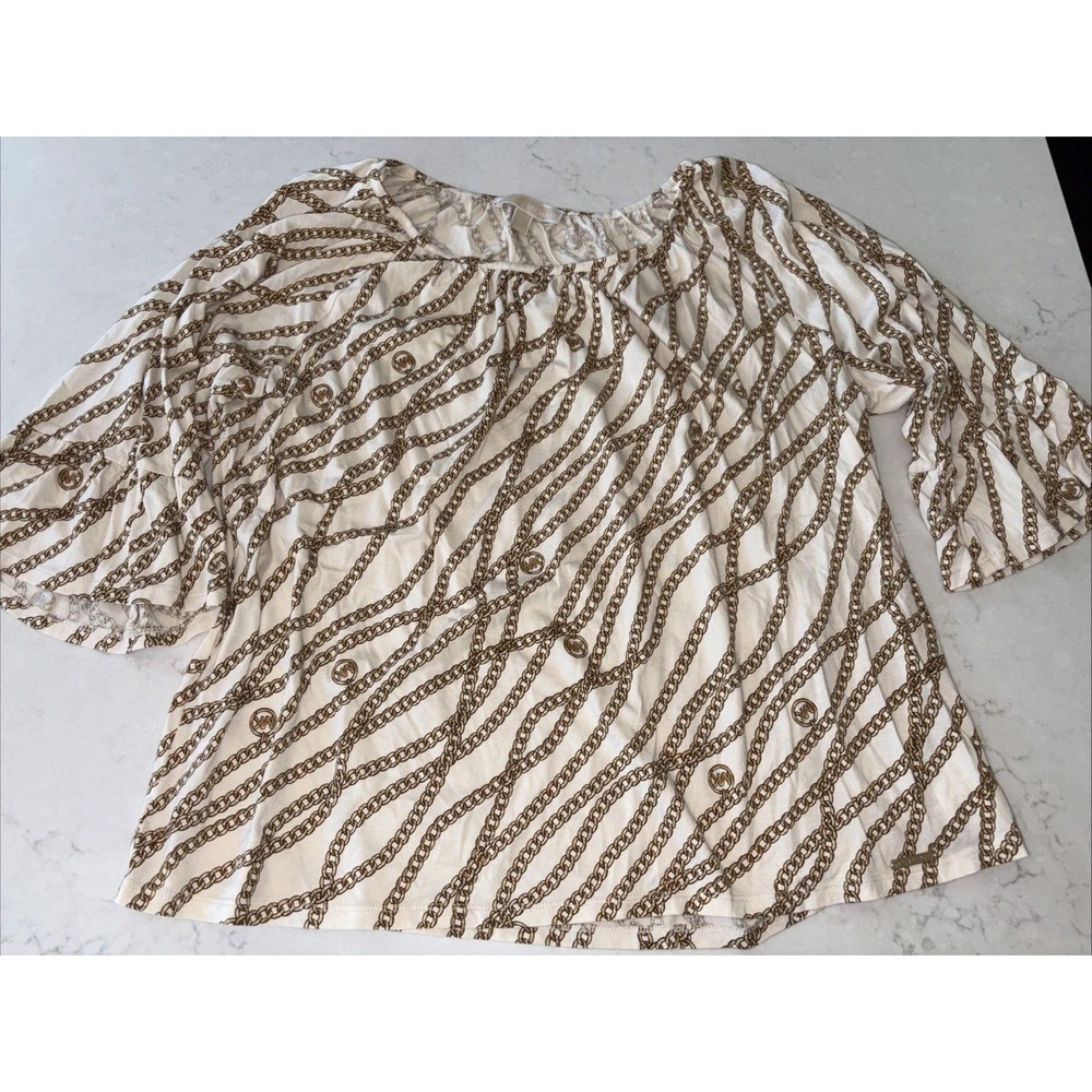MICHAEL KORS Womens 2X BONE/GOLD CHAIN PEASANT STYLE BLOUSE Ruffle 3/4 Sleeve MK